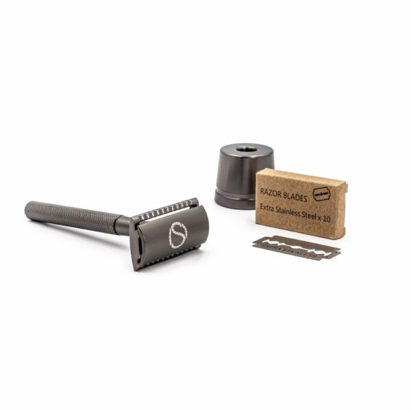 SU-RF Gun Metal Safety Razor + Stand + 10 Free Blades